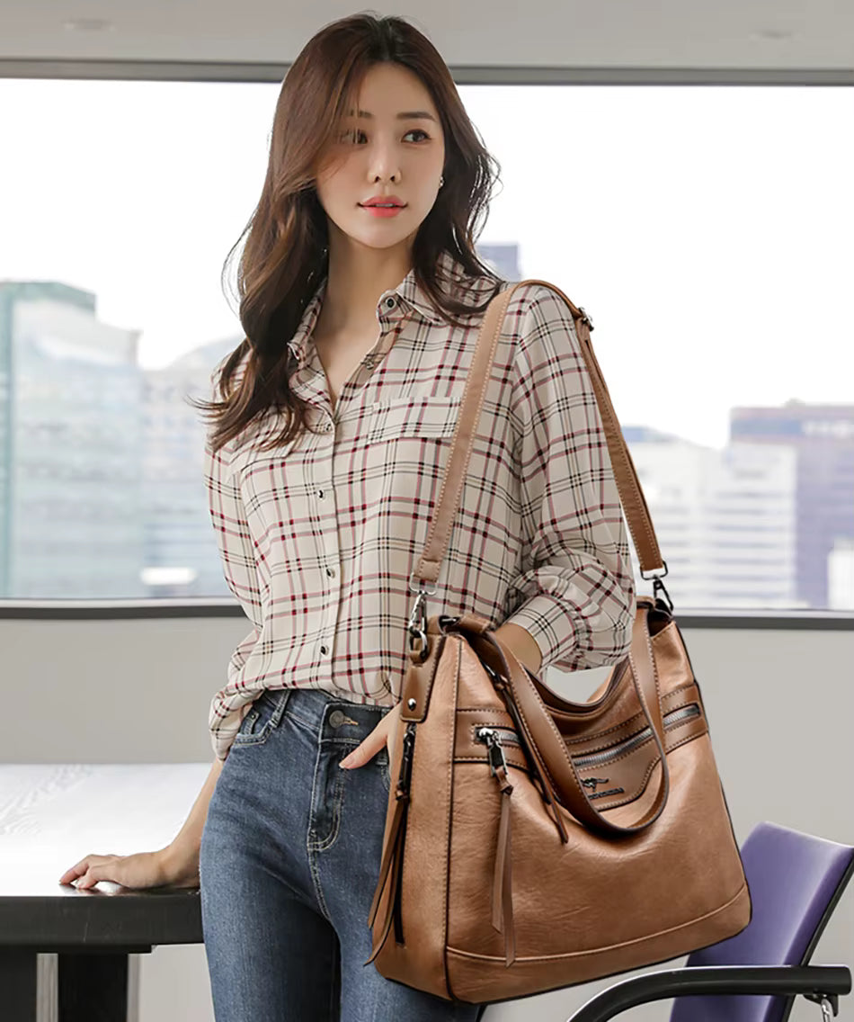 Retro Solid Color High Quality Soft Leather Shoulder Trendy Bucket Bag Mssza