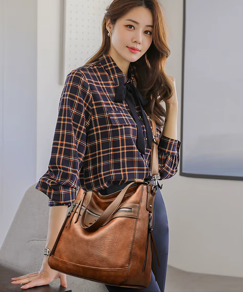 Retro Solid Color High Quality Soft Leather Shoulder Trendy Bucket Bag Mssza