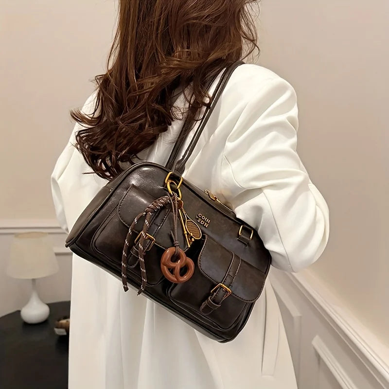Retro Solid Color Pu Leather With Multiple Pockets Large Capacity Comes With A Detachable Shoulder Bag Mssza