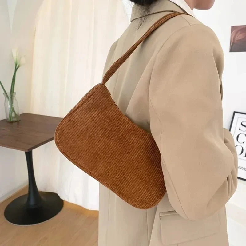 Retro Solid Color Underarm Half Moon Zipper Corduroy Clutch Small Shoulder Bag Mssza