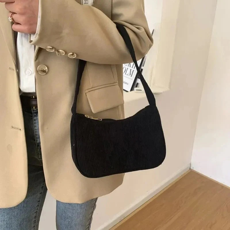 Retro Solid Color Underarm Half Moon Zipper Corduroy Clutch Small Shoulder Bag Mssza