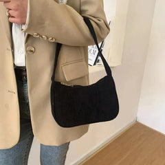 Retro Solid Color Underarm Half Moon Zipper Corduroy Clutch Small Shoulder Bag Mssza