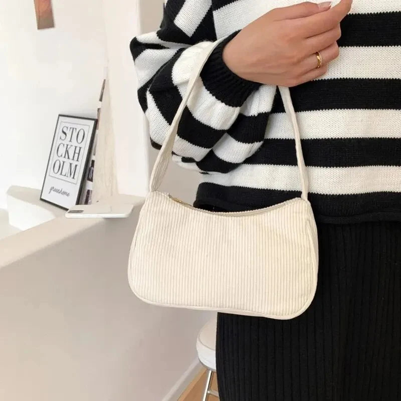 Retro Solid Color Underarm Half Moon Zipper Corduroy Clutch Small Shoulder Bag Mssza