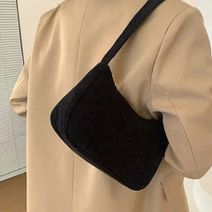 Retro Solid Color Underarm Half Moon Zipper Corduroy Clutch Small Shoulder Bag Mssza