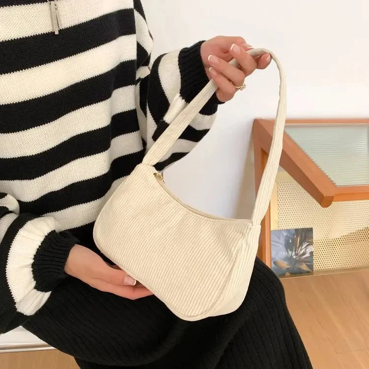 Retro Solid Color Underarm Half Moon Zipper Corduroy Clutch Small Shoulder Bag Mssza