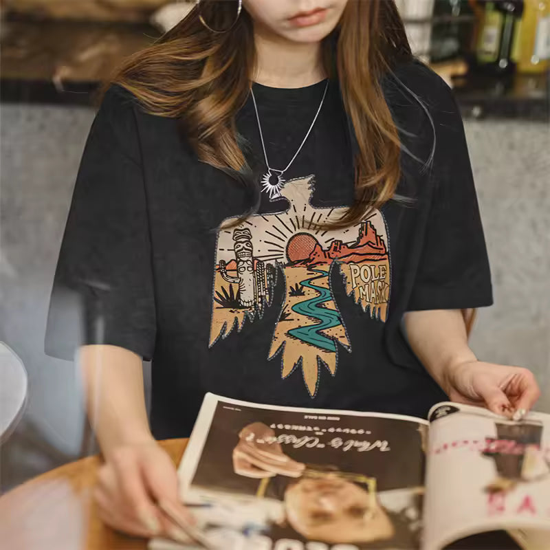 Retro Style Thunderbird Print Heavyweight Embroidered Short Sleeve T-Shirt Mssza