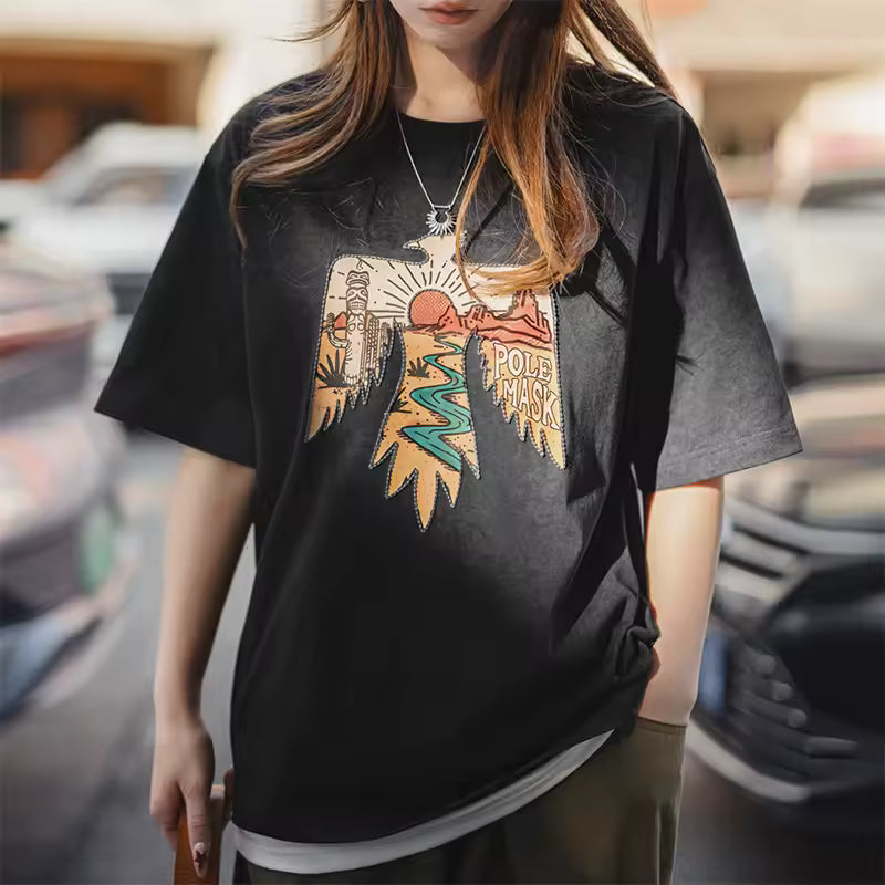 Retro Style Thunderbird Print Heavyweight Embroidered Short Sleeve T-Shirt Mssza