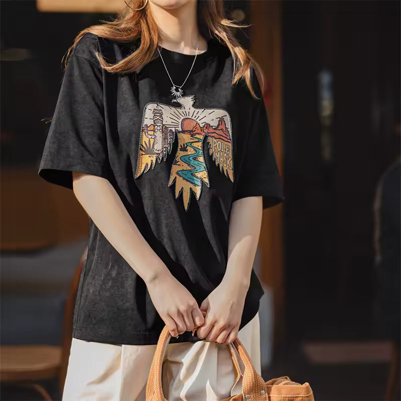 Retro Style Thunderbird Print Heavyweight Embroidered Short Sleeve T-Shirt Mssza