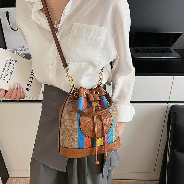 Retro Versatile Classic Contrasting Color Niche Bucket Messenger Crossbody Shoulder Bag Mssza