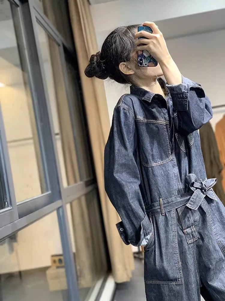Retro Washed Denim Loose And Versatile Casual Harem Pants Jumpsuit Mssza