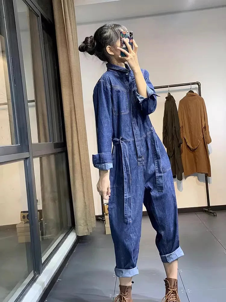Retro Washed Denim Loose And Versatile Casual Harem Pants Jumpsuit Mssza