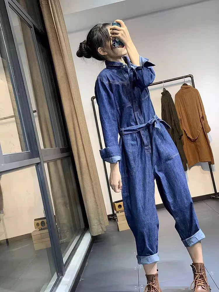 Retro Washed Denim Loose And Versatile Casual Harem Pants Jumpsuit Mssza