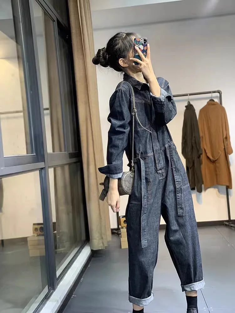 Retro Washed Denim Loose And Versatile Casual Harem Pants Jumpsuit Mssza