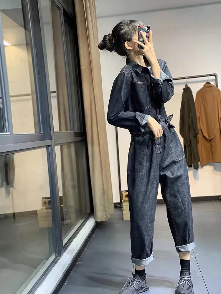 Retro Washed Denim Loose And Versatile Casual Harem Pants Jumpsuit Mssza