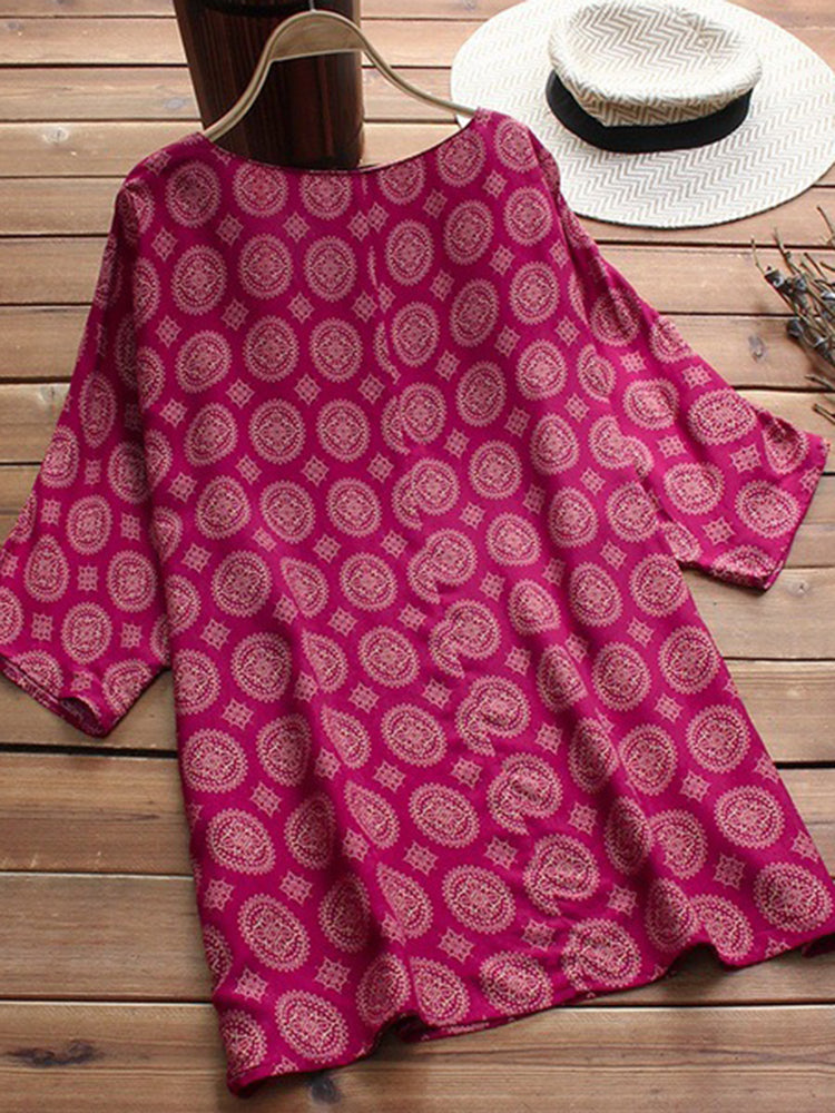 Retro Women Folk Style Print Crew Neck Half Sleeve Blouse Mssza