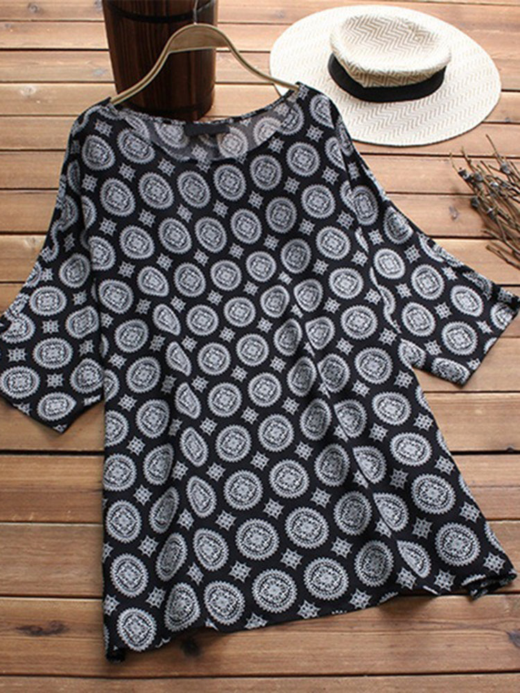 Retro Women Folk Style Print Crew Neck Half Sleeve Blouse Mssza