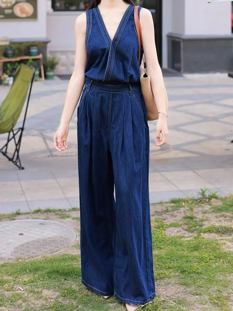 Retro Workwear Loose Casual Wide Leg Pants Jumpsuit Mssza