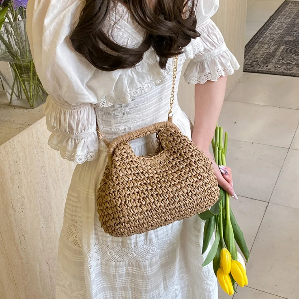 Retro Woven Straw Shell Chain Beach Eco-friendly Handbag Messenger Clutch Bags Mssza