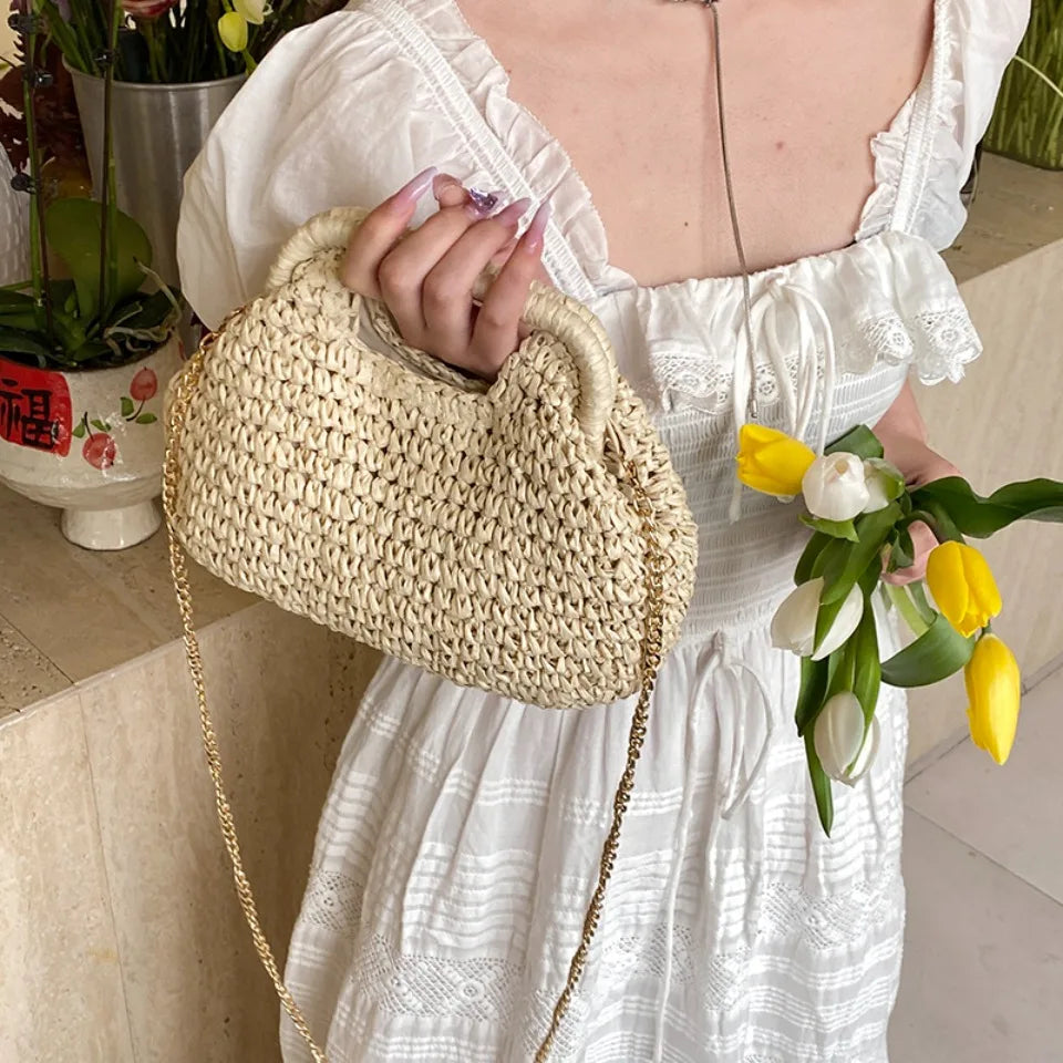 Retro Woven Straw Shell Chain Beach Eco-friendly Handbag Messenger Clutch Bags Mssza