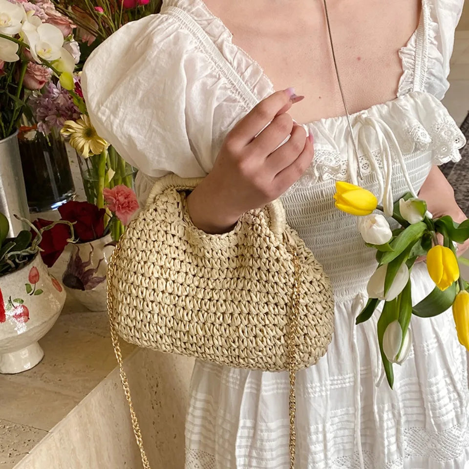 Retro Woven Straw Shell Chain Beach Eco-friendly Handbag Messenger Clutch Bags Mssza