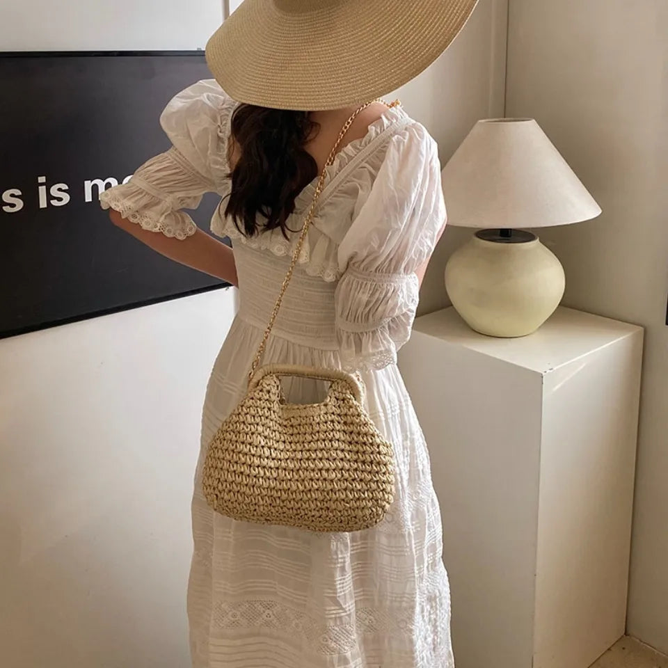 Retro Woven Straw Shell Chain Beach Eco-friendly Handbag Messenger Clutch Bags Mssza