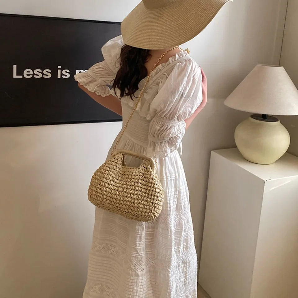 Retro Woven Straw Shell Chain Beach Eco-friendly Handbag Messenger Clutch Bags Mssza