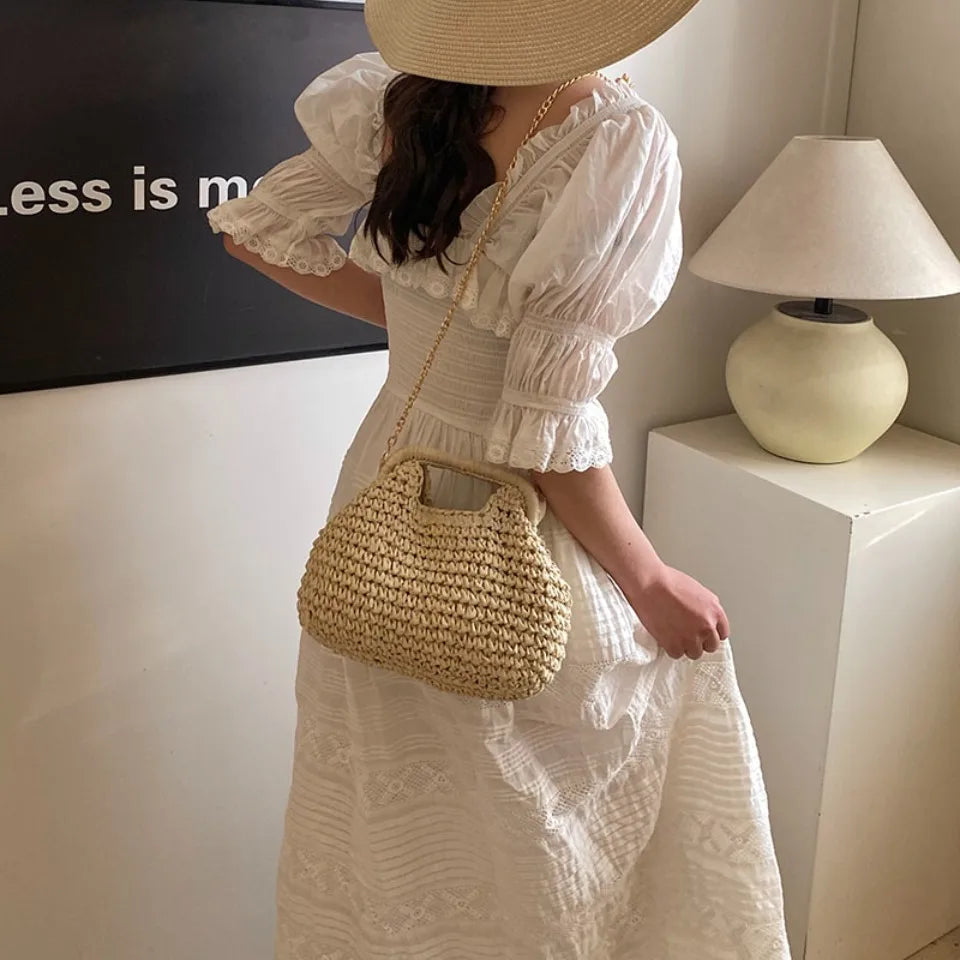 Retro Woven Straw Shell Chain Beach Eco-friendly Handbag Messenger Clutch Bags Mssza