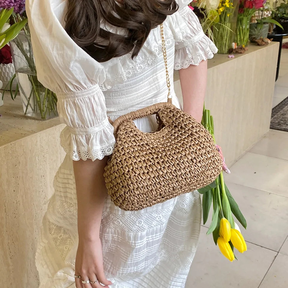 Retro Woven Straw Shell Chain Beach Eco-friendly Handbag Messenger Clutch Bags Mssza