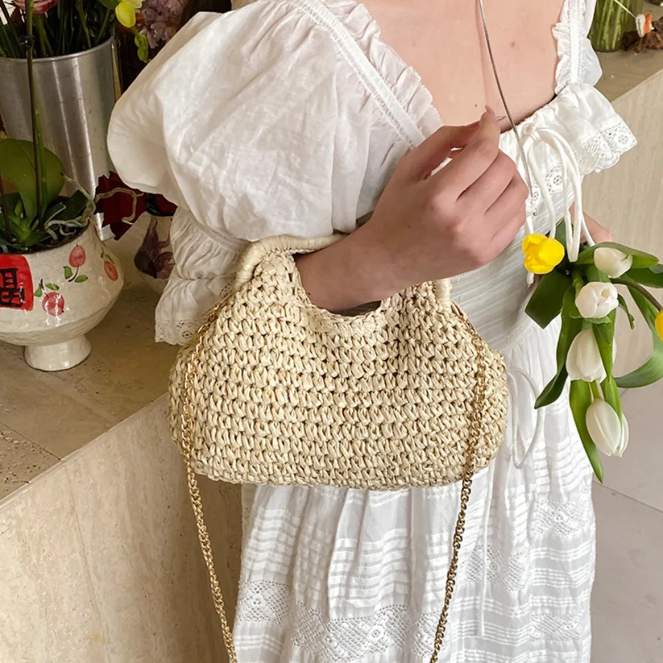 Retro Woven Straw Shell Chain Beach Eco-friendly Handbag Messenger Clutch Bags Mssza