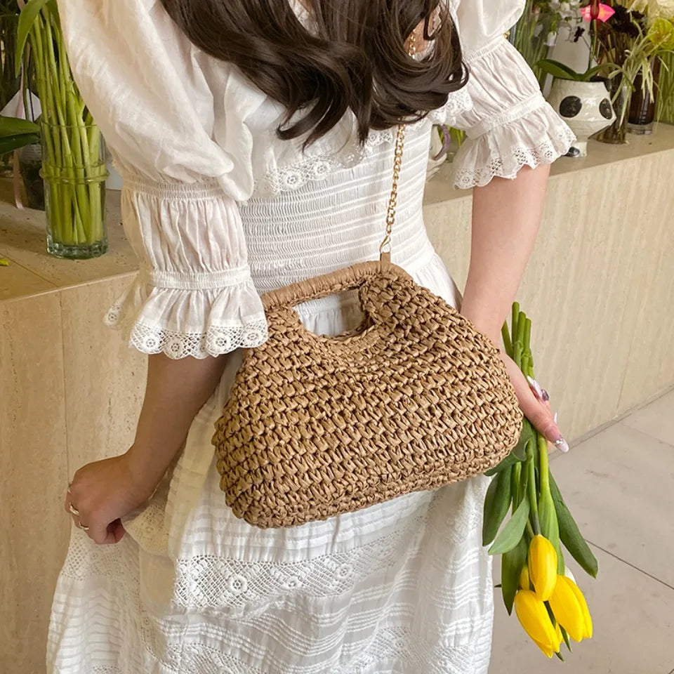 Retro Woven Straw Shell Chain Beach Eco-friendly Handbag Messenger Clutch Bags Mssza
