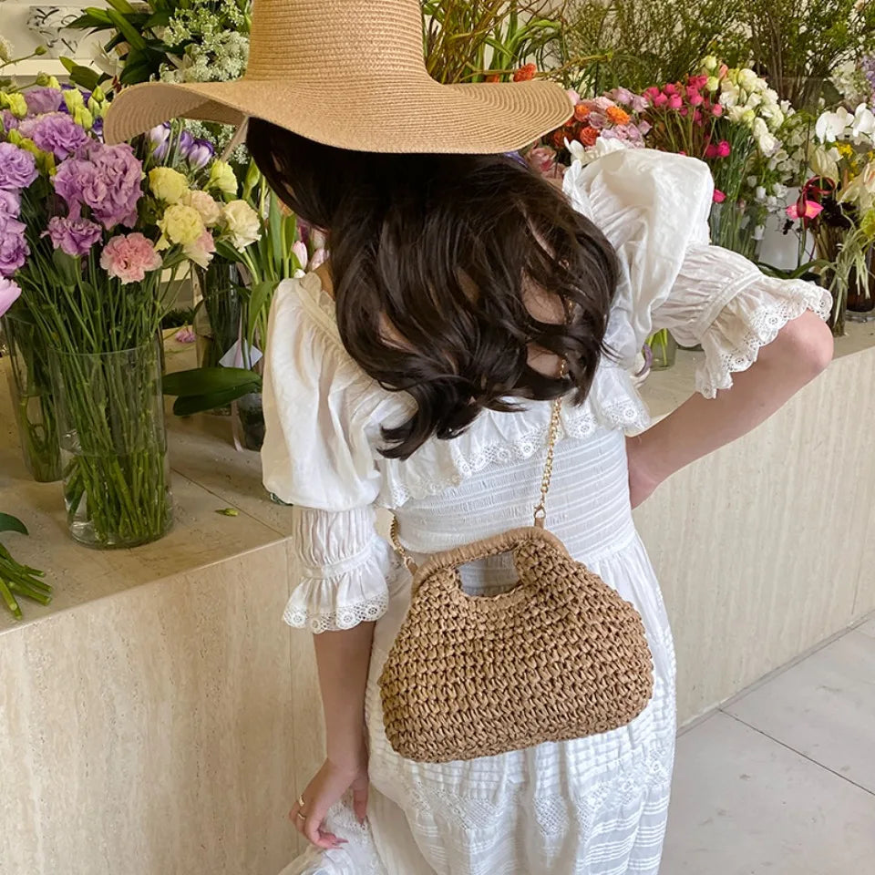 Retro Woven Straw Shell Chain Beach Eco-friendly Handbag Messenger Clutch Bags Mssza