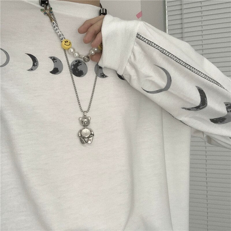 Retro Moon Print Loose O-Neck Long Sleeves T-Shirt Mssza