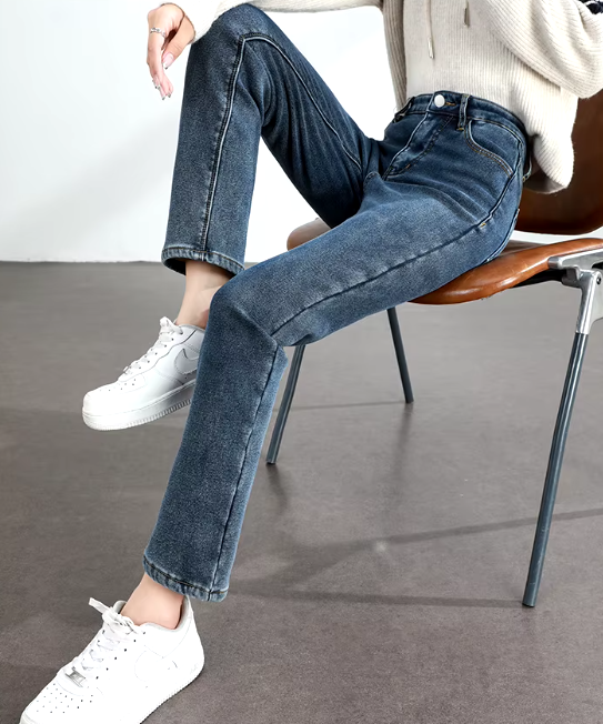 Retro zipper fly Slim Straight Elastic Cotton Thickened Warm Denim Pants Mssza