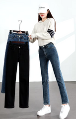 Retro zipper fly Slim Straight Elastic Cotton Thickened Warm Denim Pants Mssza