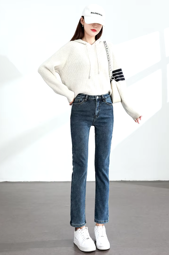 Retro zipper fly Slim Straight Elastic Cotton Thickened Warm Denim Pants Mssza