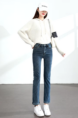 Retro zipper fly Slim Straight Elastic Cotton Thickened Warm Denim Pants Mssza