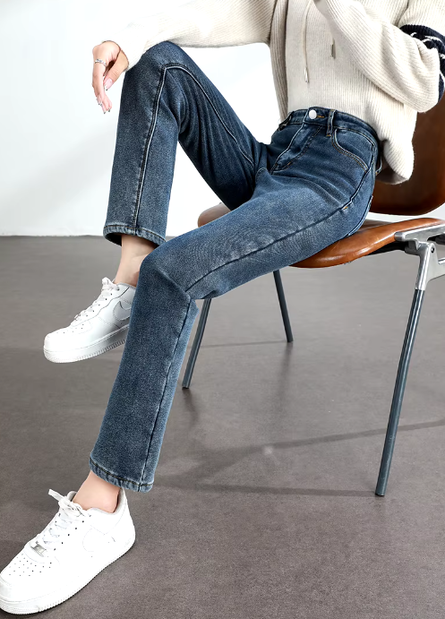 Retro zipper fly Slim Straight Elastic Cotton Thickened Warm Denim Pants Mssza