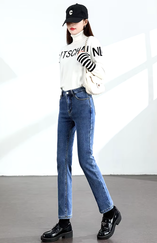 Retro zipper fly Slim Straight Elastic Cotton Thickened Warm Denim Pants Mssza