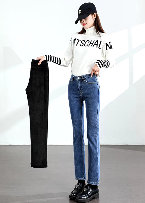 Retro zipper fly Slim Straight Elastic Cotton Thickened Warm Denim Pants Mssza