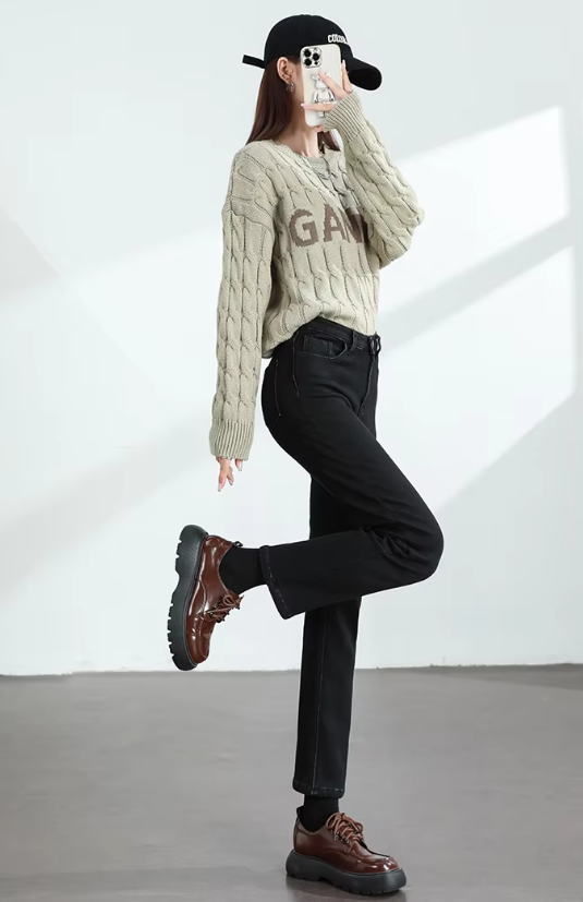 Retro zipper fly Slim Straight Elastic Cotton Thickened Warm Denim Pants Mssza