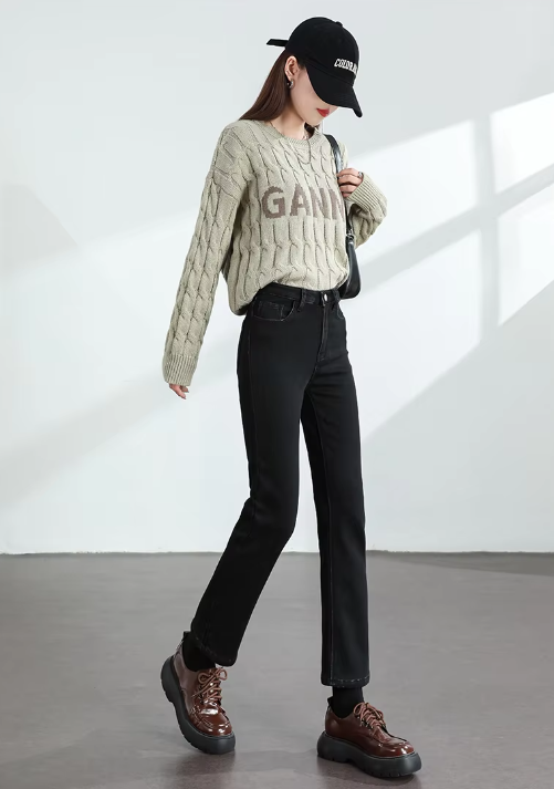 Retro zipper fly Slim Straight Elastic Cotton Thickened Warm Denim Pants Mssza