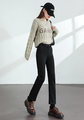 Retro zipper fly Slim Straight Elastic Cotton Thickened Warm Denim Pants Mssza
