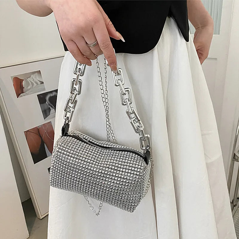 Rhinestone Bucket Sparkling Chain Ball Mini Hand-Held Crossbody Bag Mssza