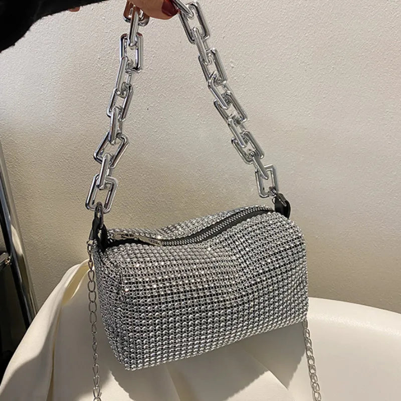 Rhinestone Bucket Sparkling Chain Ball Mini Hand-Held Crossbody Bag Mssza