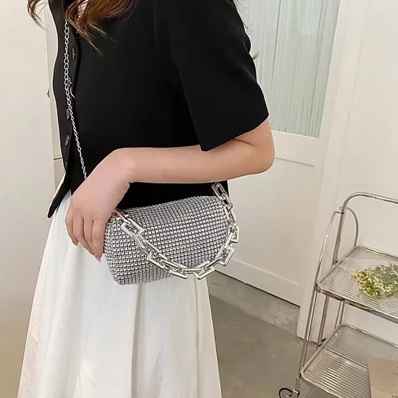 Rhinestone Bucket Sparkling Chain Ball Mini Hand-Held Crossbody Bag Mssza