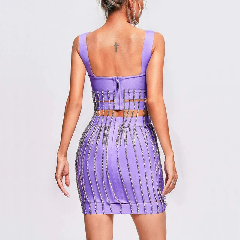 Rhinestone Chain Square Collar Spaghetti Strap Party Two Piece Bandage Top&Skirt Mssza