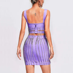 Rhinestone Chain Square Collar Spaghetti Strap Party Two Piece Bandage Top&Skirt Mssza