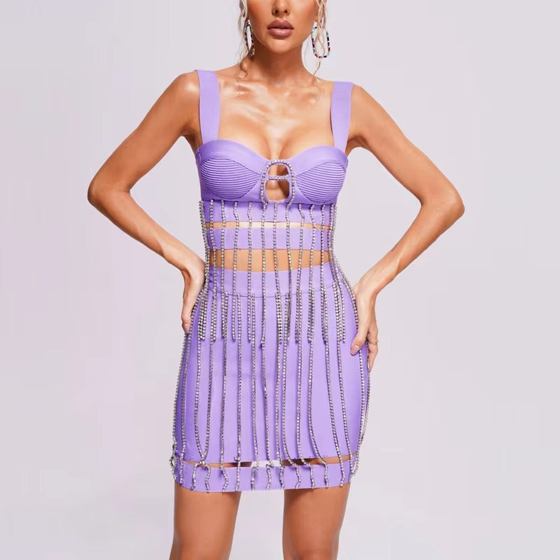 Rhinestone Chain Square Collar Spaghetti Strap Party Two Piece Bandage Top&Skirt Mssza