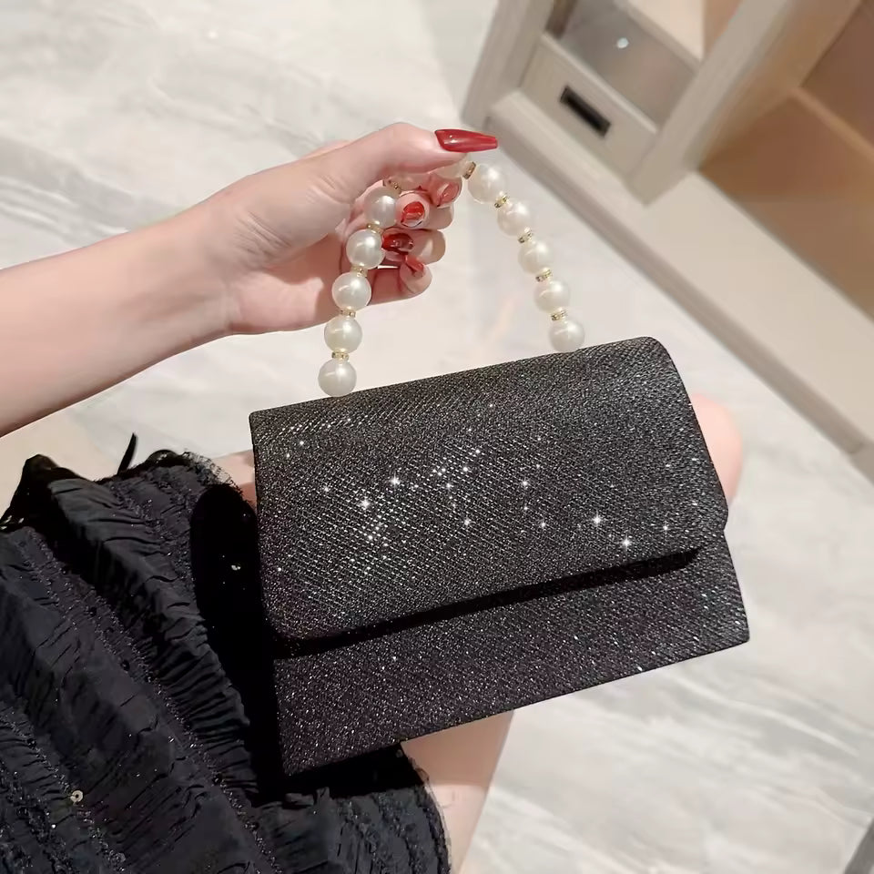 Rhinestone Solid Beading Square Pearl Shiny Flip Bridal Evening Party Clutch Bag Mssza