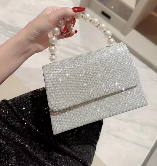 Rhinestone Solid Beading Square Pearl Shiny Flip Bridal Evening Party Clutch Bag Mssza